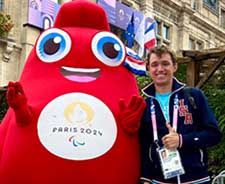 Geoff Burns with Olympic mascot, Paris 2024