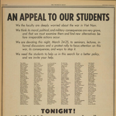 Old newspaper headline of the Michigan Daily reading "An Appeal to Students"