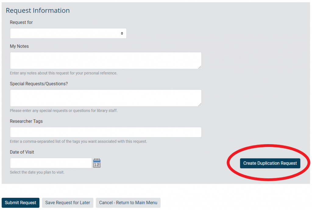 MLibrary request form with duplication button circled