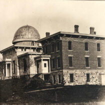 Black and white photo of the Detroit Observatory circa 1875