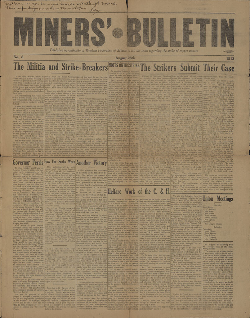 front page of the 1913 Miner's Bulletin paper