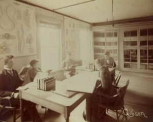 A sepia toned photograph of two women and three men sitting around a table reading books. Bookshelves and medical diagrams are behind them. 