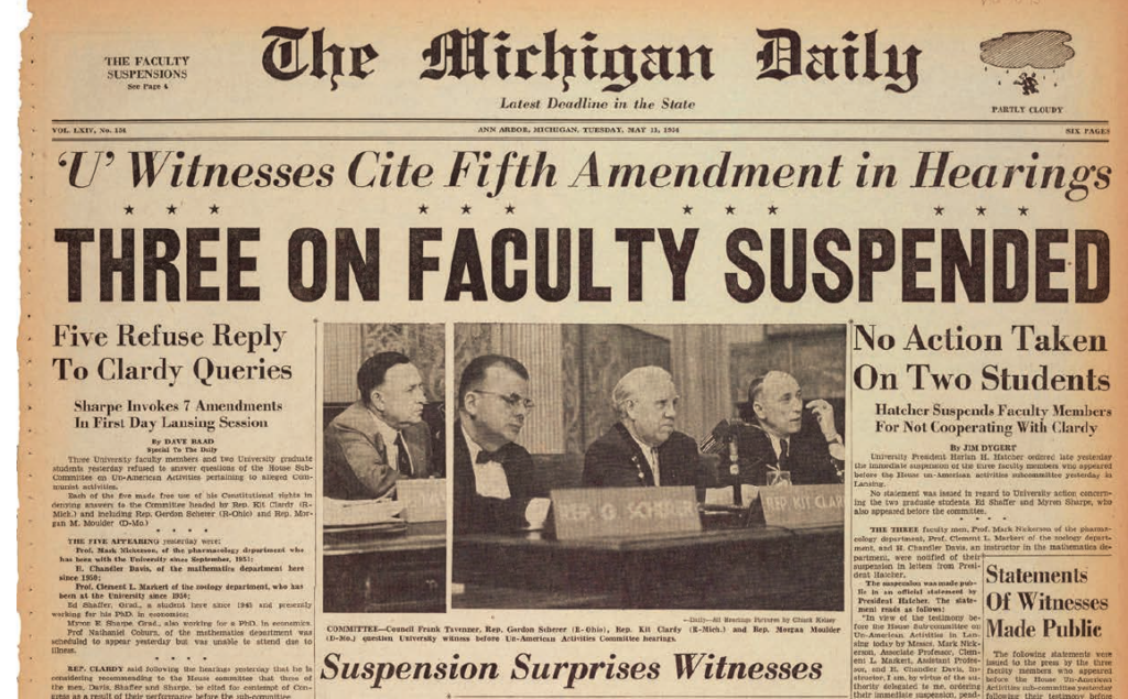 Old Michign Daily newspaper headline in large letters reads "Three On Faculty Suspended" 