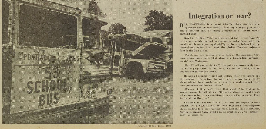 Portion of a newspaper article showing a damaged bus and story text.