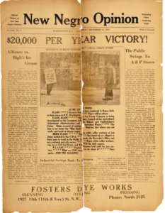 Old newspaper titled New Negro Opinion with a black and white photo of members picketing and columns of text. 