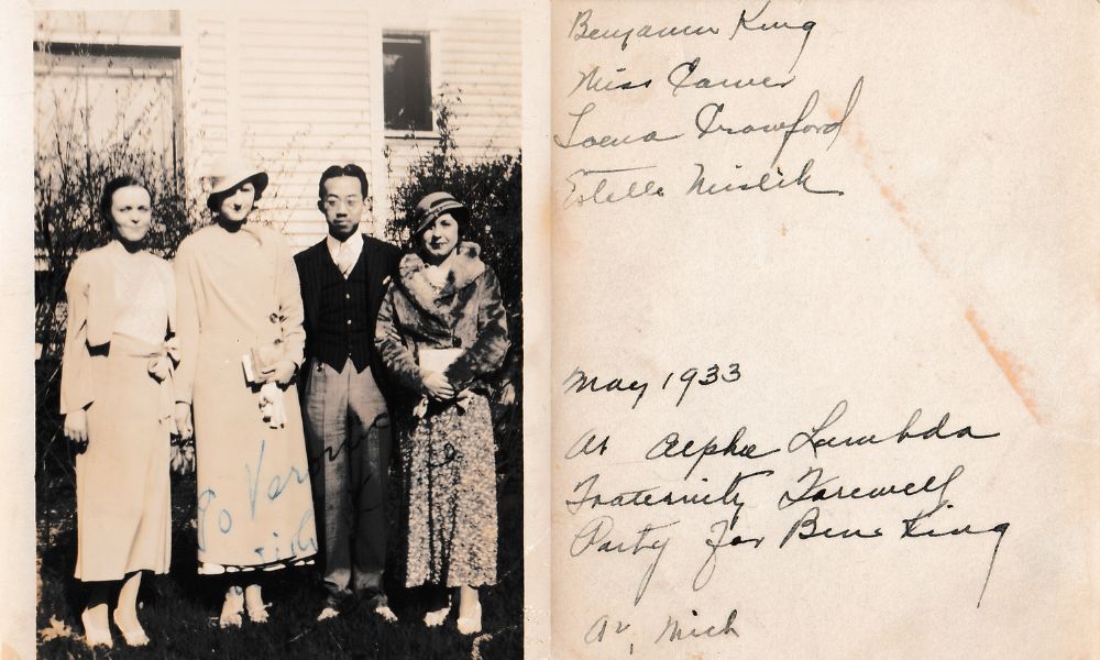 Photo of Estelle Mislik Mears, Benjamin King, and two others at an Alpha Lambda Fraternity farewell party for Benjamin King