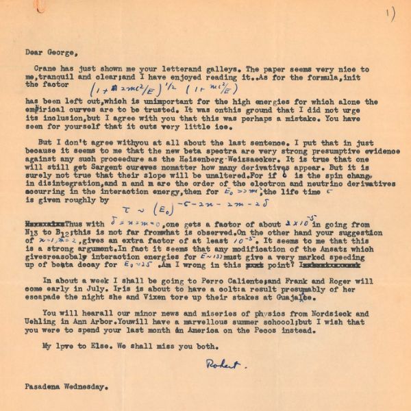 A letter that is suspected to be from Robert Oppenheimer from the Uhlenbeck collection.