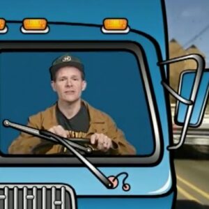 A still from a video about recycling that showcases a man driving a cartoon truck.