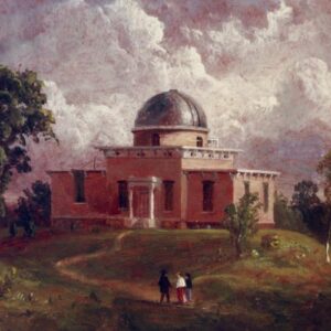 Jasper Cropsey painting of the historic Detroit Observatory, featuring a building, a path, a hill, trees, and a small group of people walking towards the Observatory.