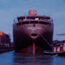 Film still of the Edmund Fitzgerald on the water, from the collections at the Bentley Historical Library.