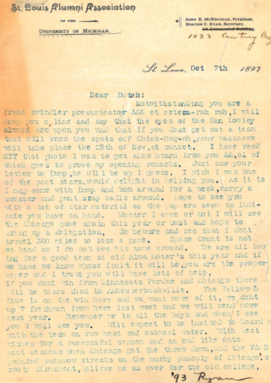 Letter to "Dutch" about football, dated October 7, 1897.