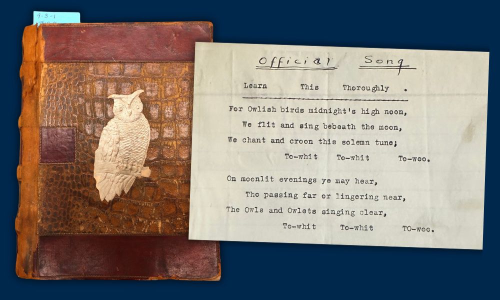 Record book of the "Owls" featuring an owl on the front cover, with the official song of the U-M Owls society.