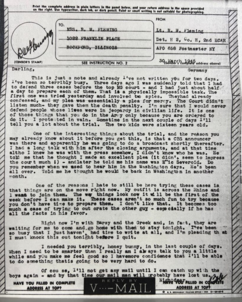 Robben Fleming's V-Mail letter to his wife after the trial.