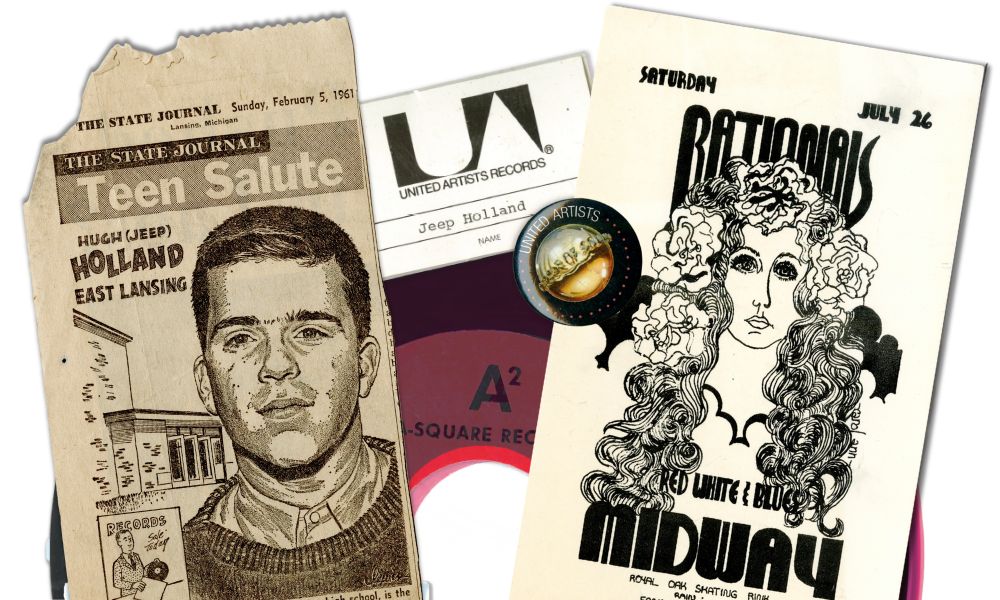 A newspaper clipping about Jeep Holland, a "United Artists" button, a program for a concert by the Rationals, a business card, and a record from A-Square.