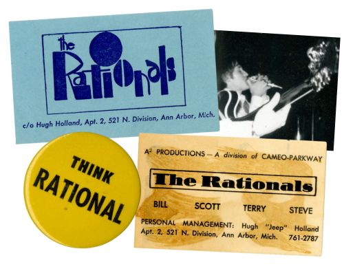 A photo from Jeep Holland's scrapbook about the Rationals, two business cards, and a button that says Think Rational.