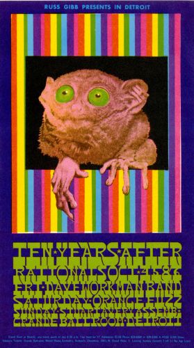 A ticket to a concert by the Rationals in Detroit, featuring a technicolor monkey and rainbow stripes.