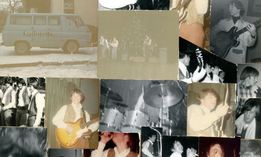 Photos from a scrapbook about the Rationals made by Jeep Holland, including photos of the band performing, and the Rationals band van.