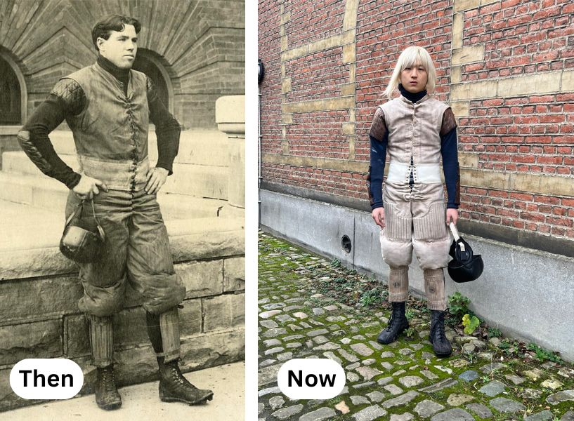 Recreating a U-M football uniform from 1904 Then vs. Now, showing Willie Heston, a 1904 football player, wearing his U-M uniform, and Adam Denzler, a fashion student, wearing a recreated football uniform.