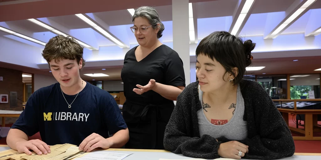 Two student researchers looking at historical papers sitting at a table in the Bentley Historical Library's reading room, while a standing archivist talks to them about the collection they are viewing.