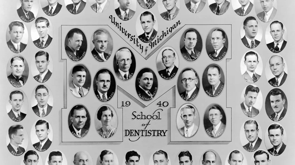 The 1940 School of Dentistry class photo composite, featuring a block "M," oval portrait photos of graduating students, and text that reads: University of Michigan, 1940, School of Dentistry.