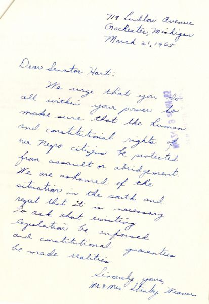 Letter from the Phil Hart collection urging him to preserve the rights of Black citizens.