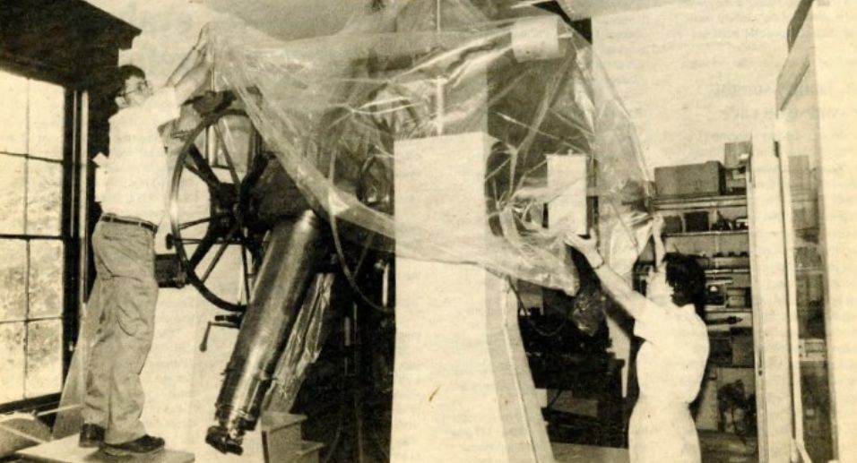 The Stenecks at the Detroit Observatory in 1989, from the University Record, featuring Nick and Peg Steneck uncovering a historical telescope.
