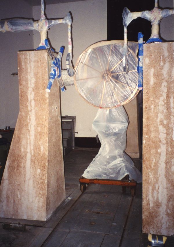 Meridian circle wrapped in plastic, on reversing carriage, April 14, 1996.