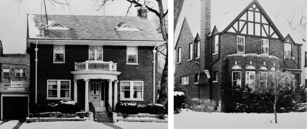 Two homes designed by Bertha Whitman, including a house with a round covered porch, and a house with a geometric timber design on the exterior.
