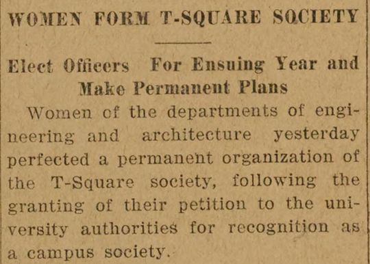 Women Form T-Square Society Article from the Michigan Daily.