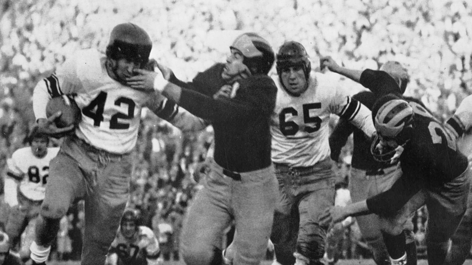 U-M and UC Berkeley football players in the 1951 Rose Bowl.