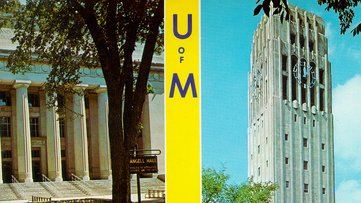 A postcard depicting Angell Hall and the Burton Memorial Tower.