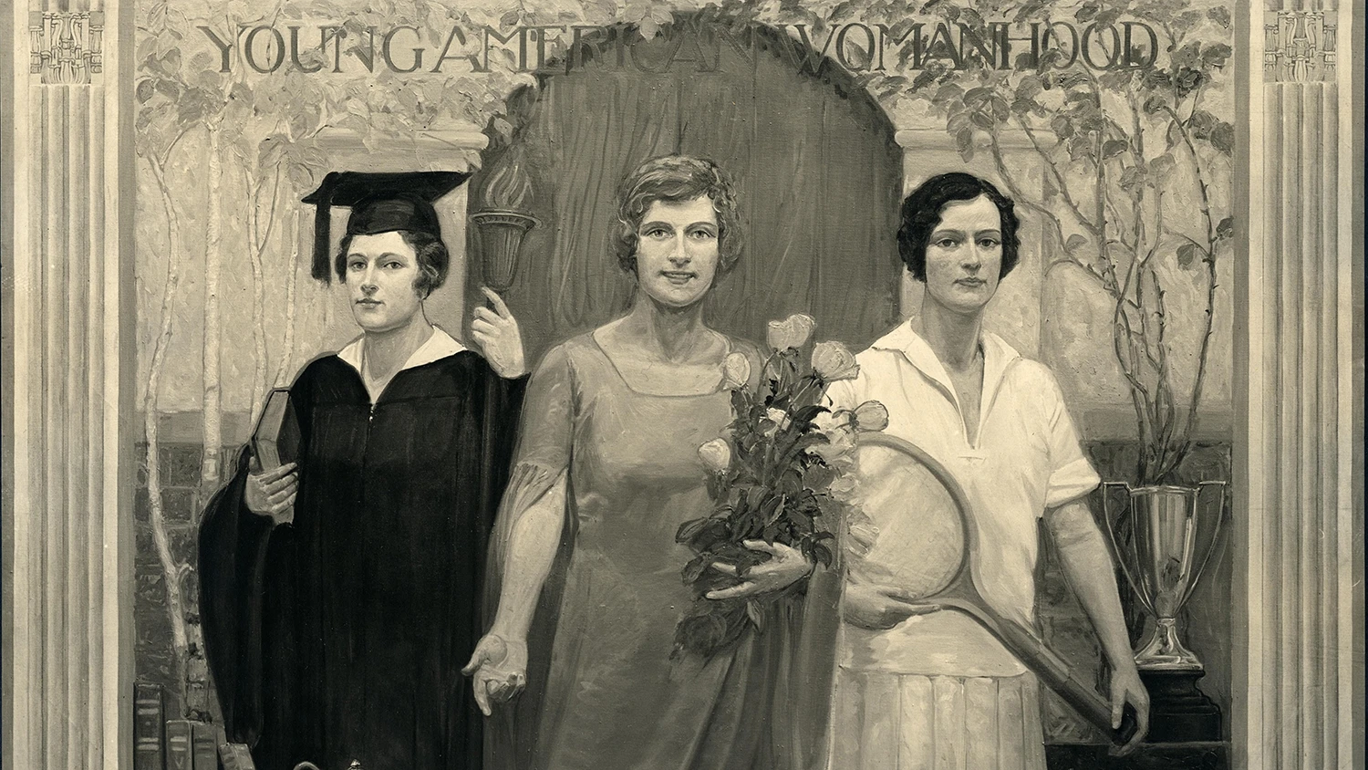 A mural titled "Young American Womanhood" and depicting three white women: one in graduation robes, one in a tennis outfit, and one in a dress.