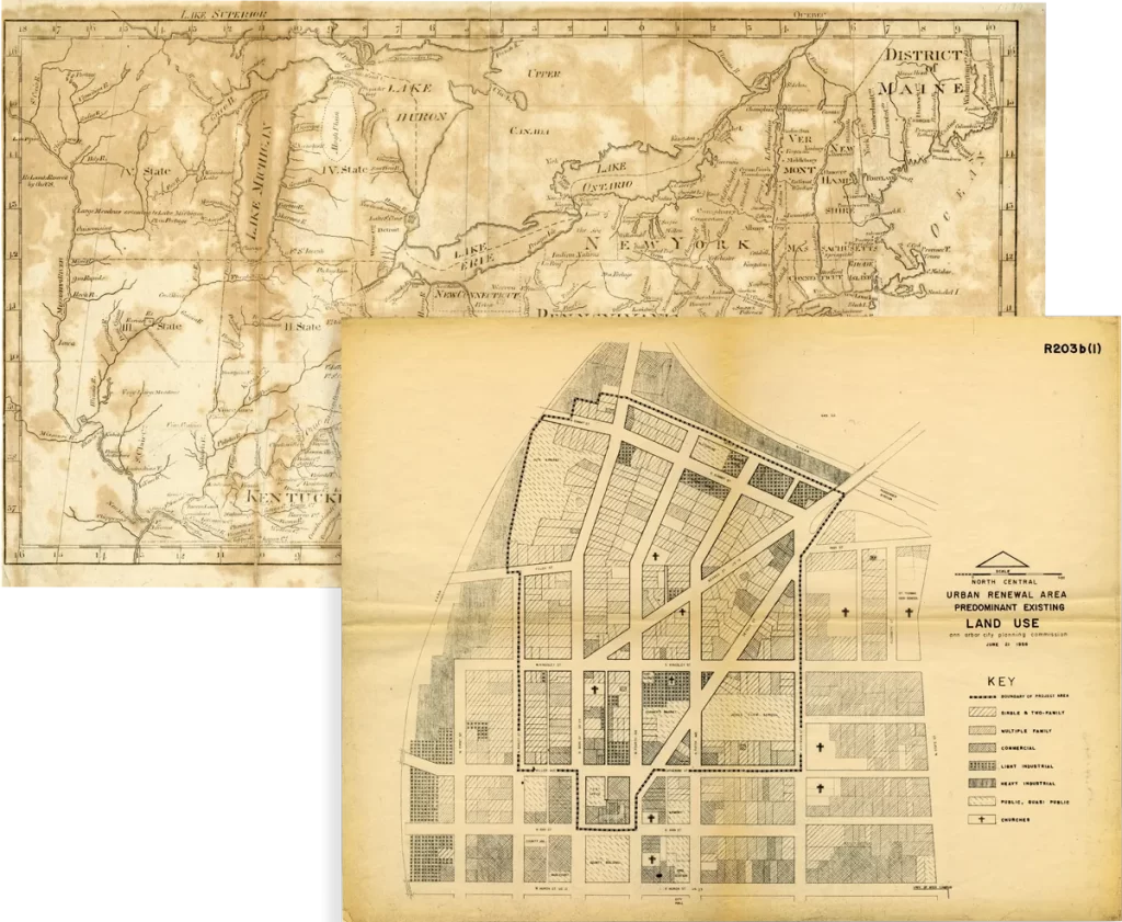 Two old paper maps from the Bentley Historical Library.