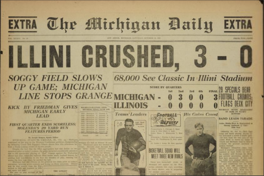 Newspaper headline from The Michigan Daily reads "Illini Crushed, 3-0" and below is black and white text and small pictures about the game.