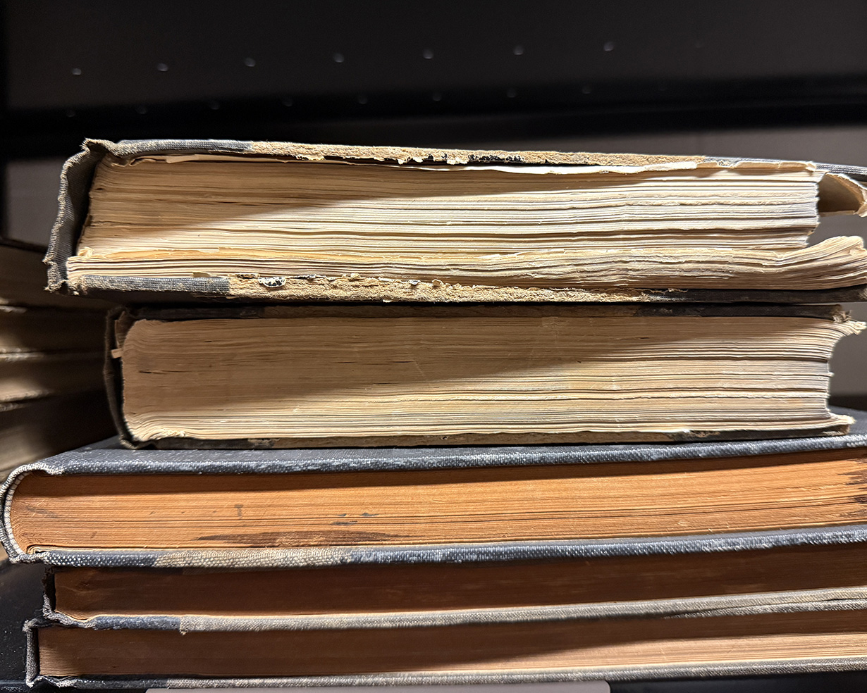 A stack of old books with tattered covers and yellowing pages. Light slants over the books.