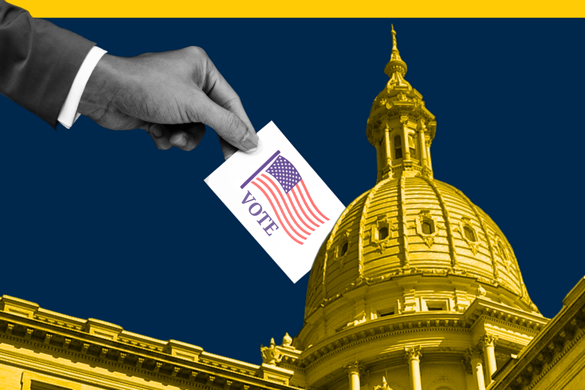 The top of a capitol building, tinted "maize" in color, against a dark blue background. A hand reaches out with a ballot, as if voting.