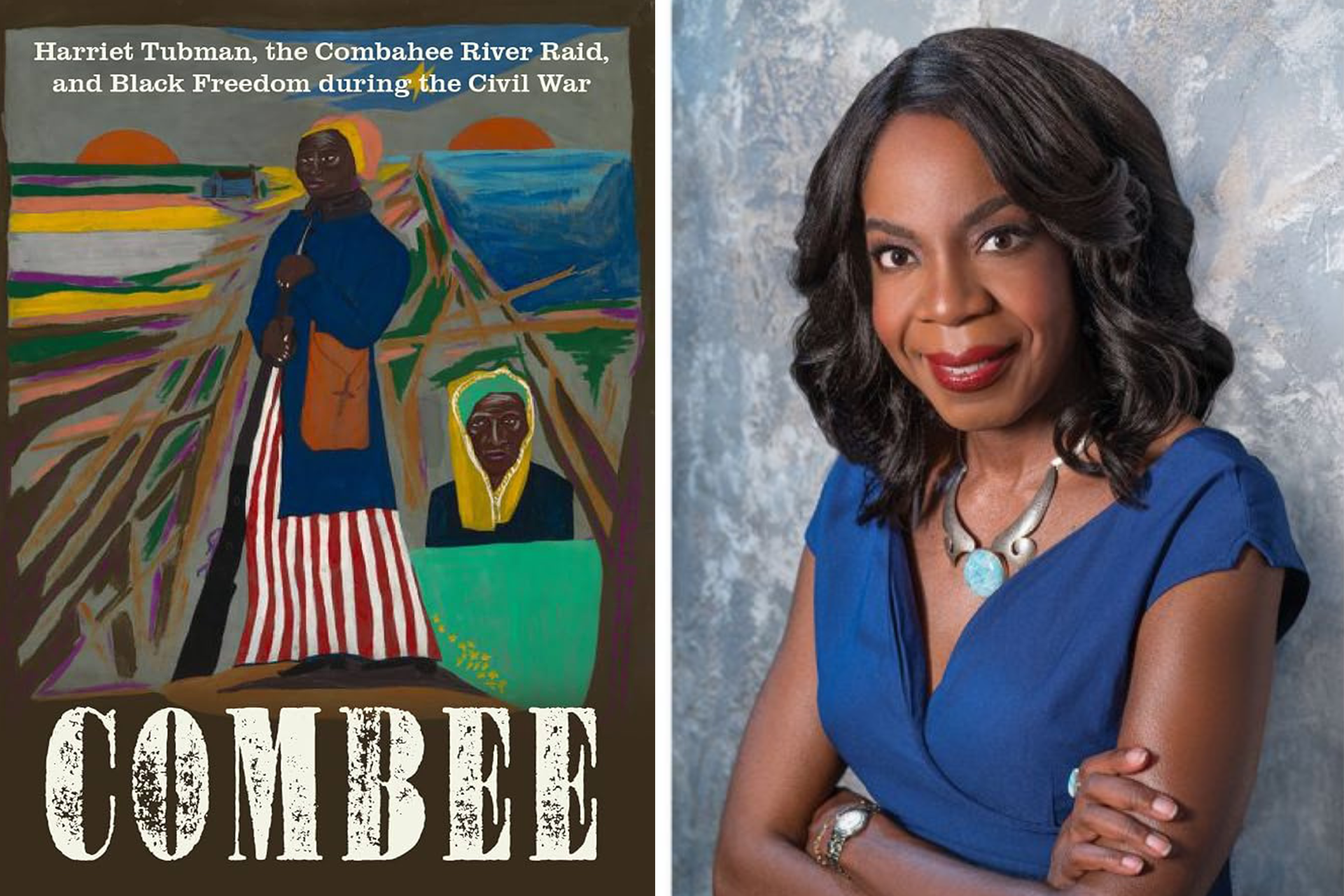 On the left is the cover of COMBEE: Harriet Tubman, the Combahee River Raid, and Black Freedom, with an abstract portrait of a woman with a rifle, wearing a blue top and a red and white striped dress next to another woman in green and yellow, above the title in large words. On the right is a portrait of Edda Fields-Black, wearing blue.