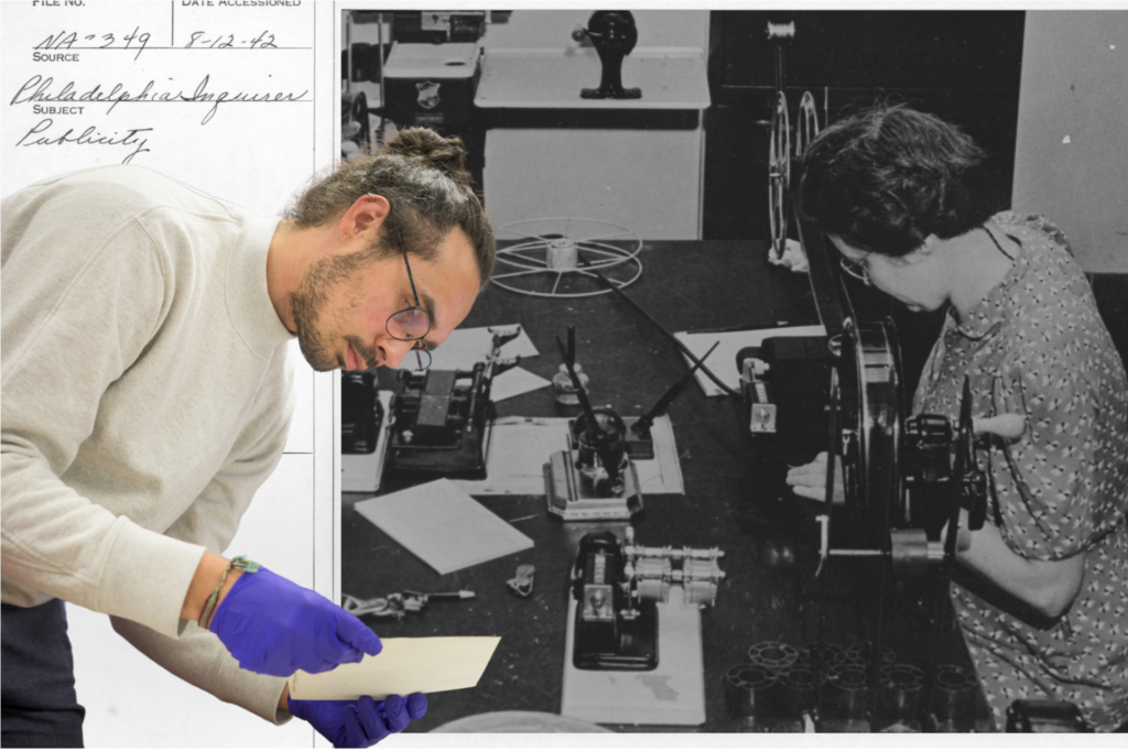 A black and white photo of a woman with dark hair working at a table with equipment overlaid with a modern photo of a male researcher wearing gloves and holding a historical piece of paper.