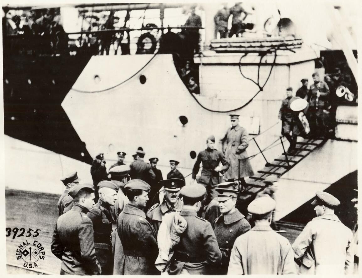 U.S. troops disembarking ship in Archangel, Russia, 1918.