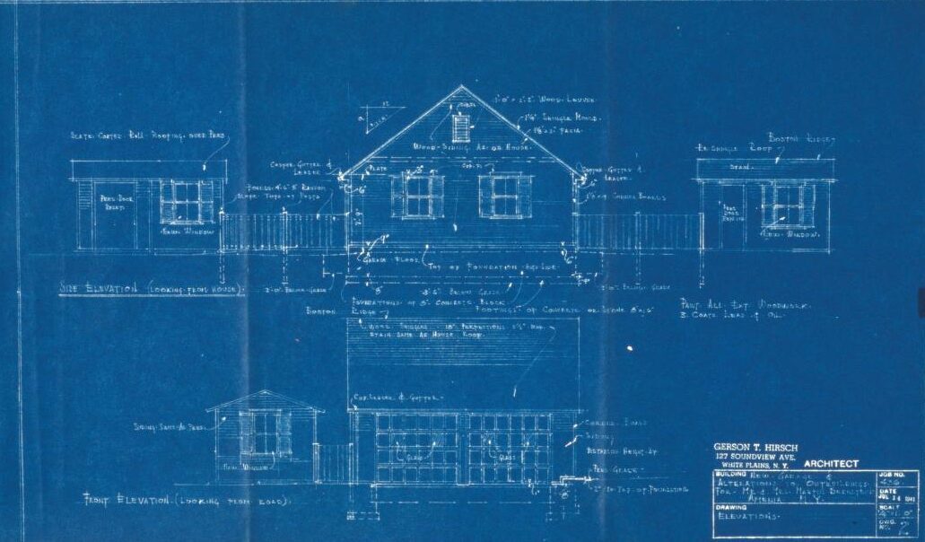 1941 blueprint showing front and side elevations of Martin Bernstein cottage in Amenia, New York.