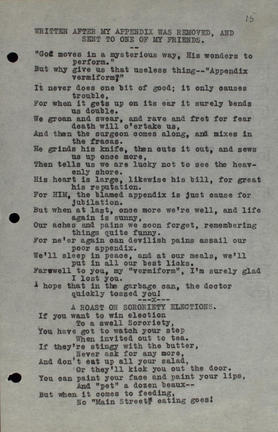 Typescript of Will Hampton poem entitled "Written After My Appendix Was Removed, And Sent to One of My Friends."