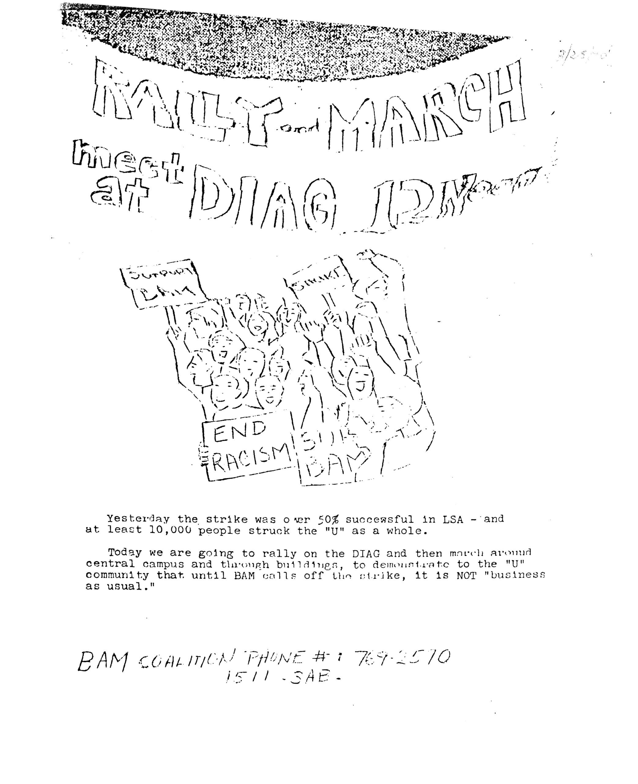 Photocopied flyer with words "Rally and March: Meet at Diag 12 noon," drawing of crowd holding sings that read "Support BAM" and "Strike."