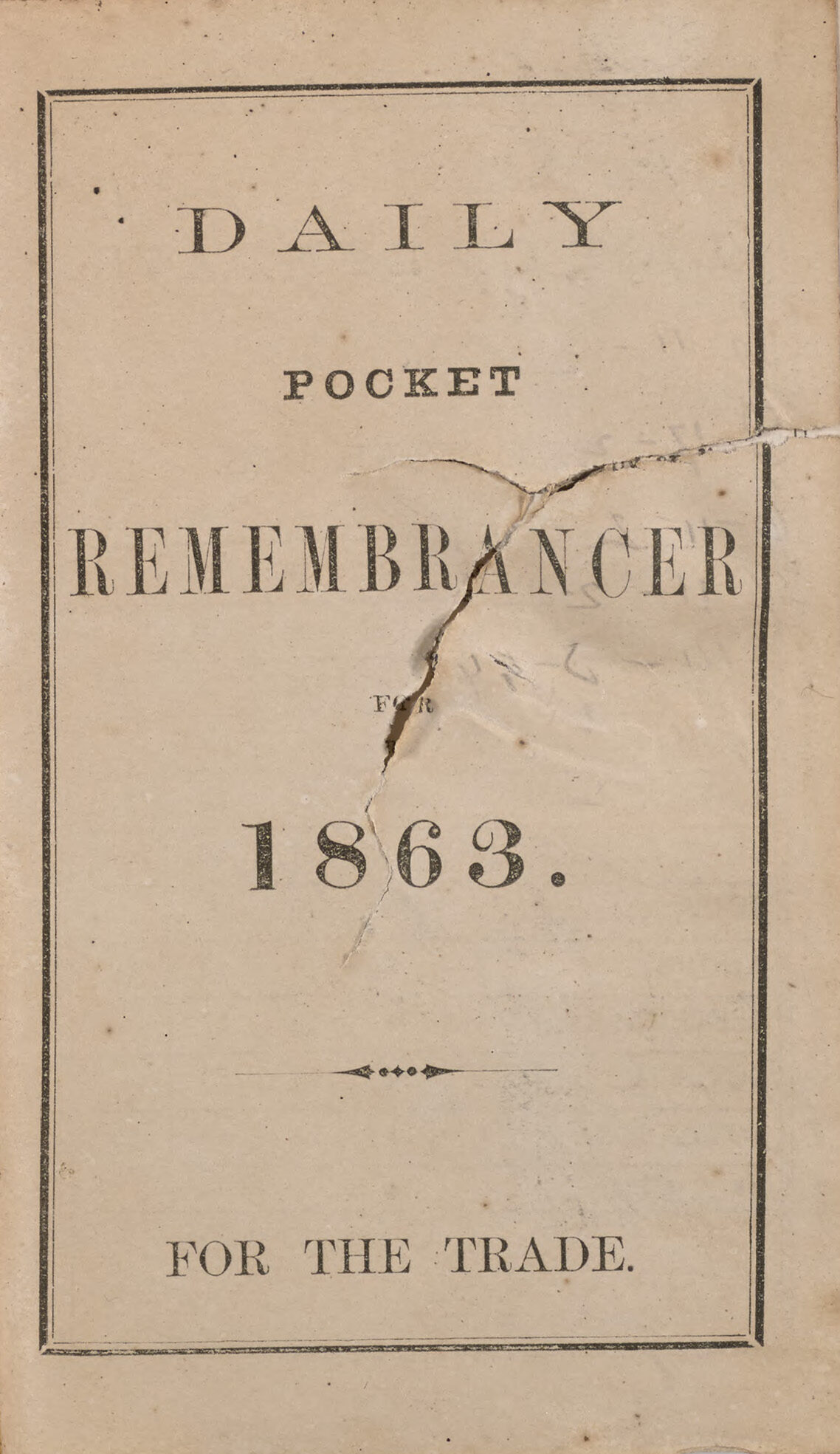 Bullet-damaged page "Daily Pocket Rembrancer 1863 for the Trade".