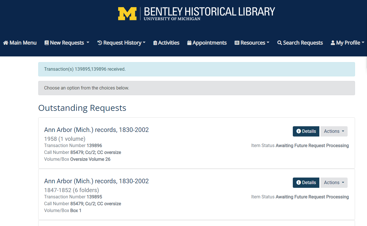 Requesting Items | Bentley Historical Library